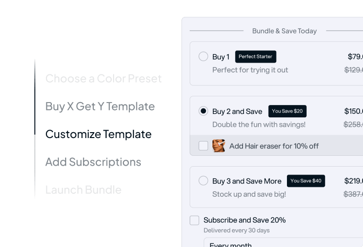 Subscription bundle options with Buy 1 Perfect Starter for $79.90, Buy 2 and Save for $150 (You Save $20) with Hair Eraser 10% off option, Buy 3 and Save More for $219 (You Save $40), and Subscribe and Save 20% delivered every 30 days.