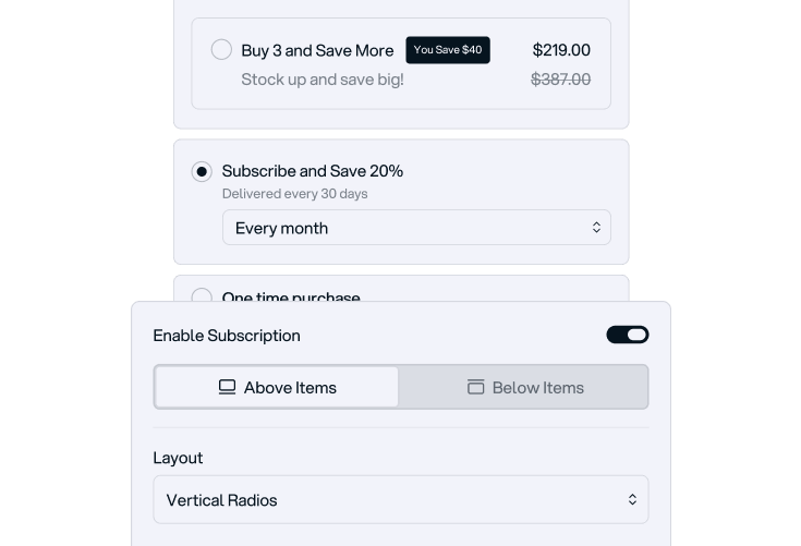 User interface for subscription options including buy 3 and save $40, subscribe and save 20% with monthly delivery, and one-time purchase, with toggle to enable subscription and layout selection.
