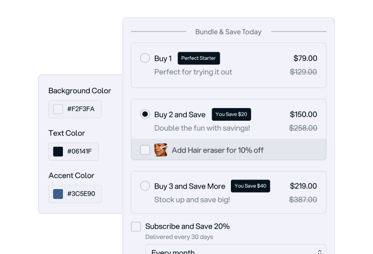 Bundle and save pricing options showing three purchase choices with prices, savings, and an add-on discount for hair eraser.