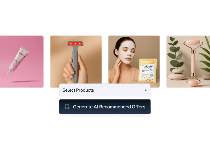 Four skincare images showing a facial cream tube, a hand holding a red-light therapy device, a woman applying a collagen face mask, and a rose quartz facial roller on a beige background.