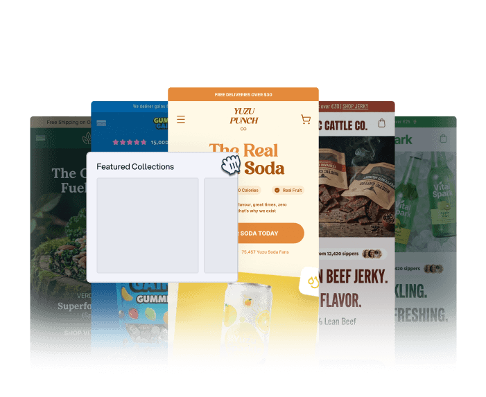 Stack of colorful e-commerce website homepage mockups partially overlapping, with a pop-up window labeled Featured Collections in front.