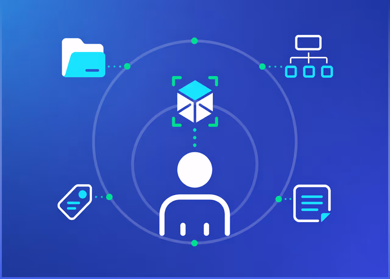 User icon connected to folder, tag, document, and network icons on blue background representing data links.