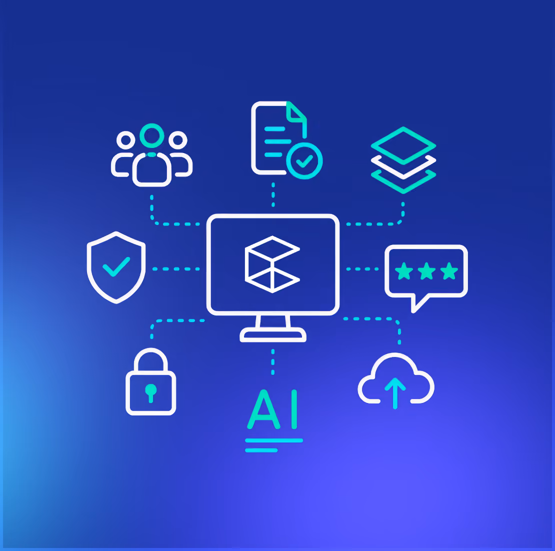 Central computer icon connected to user, document, layers, shield, chat, lock, AI, and cloud upload icons on blue background.