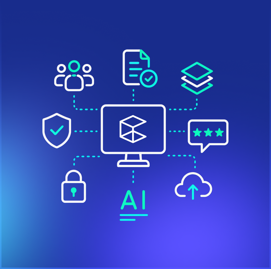 Central computer icon connected to user, document, layers, shield, chat, lock, AI, and cloud upload icons on blue background.