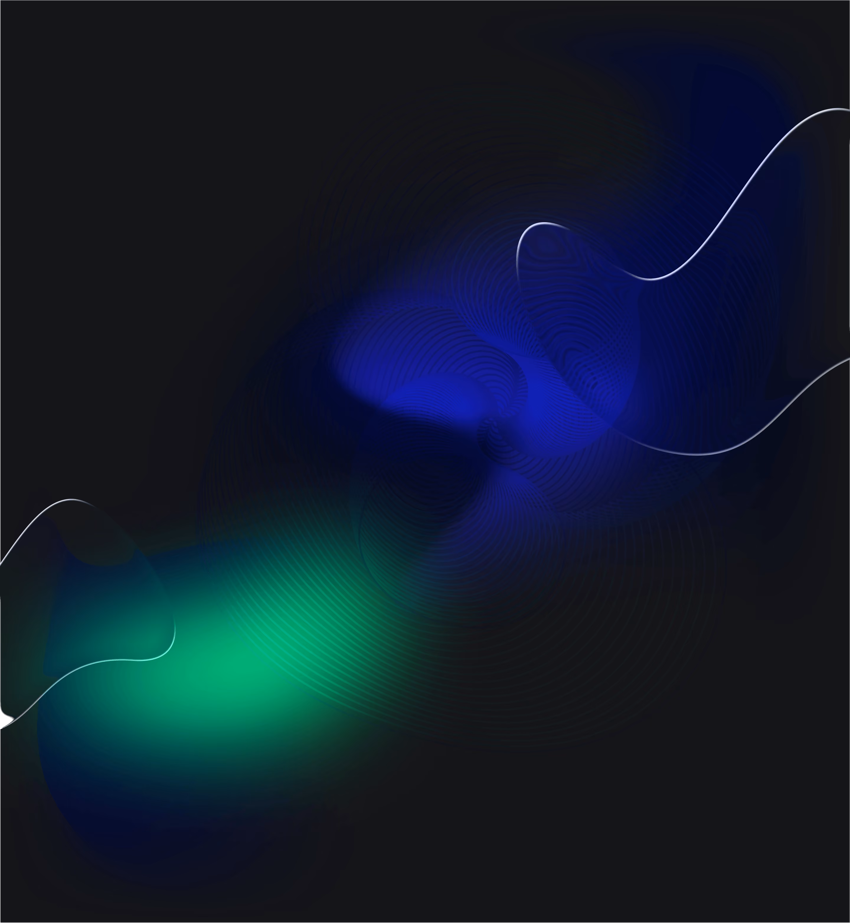 Abstract dark background with swirling blue and green light waves and thin white lines.