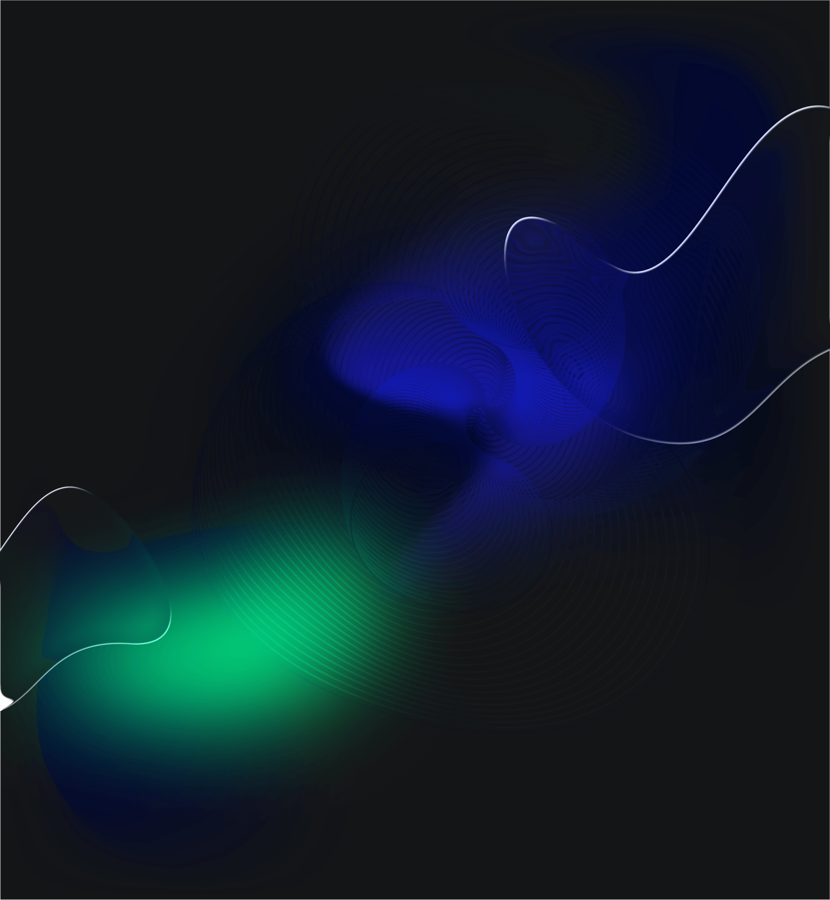 Abstract dark background with swirling blue and green light waves and thin white lines.