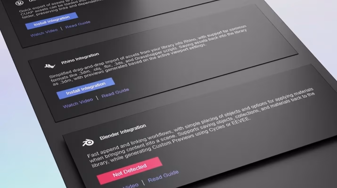 Software interface showing Rhino and Blender integration options with install and status buttons.