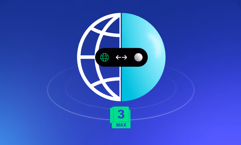 Graphic of half a globe and half a sphere with a toggle switch and a green label showing 3 max.