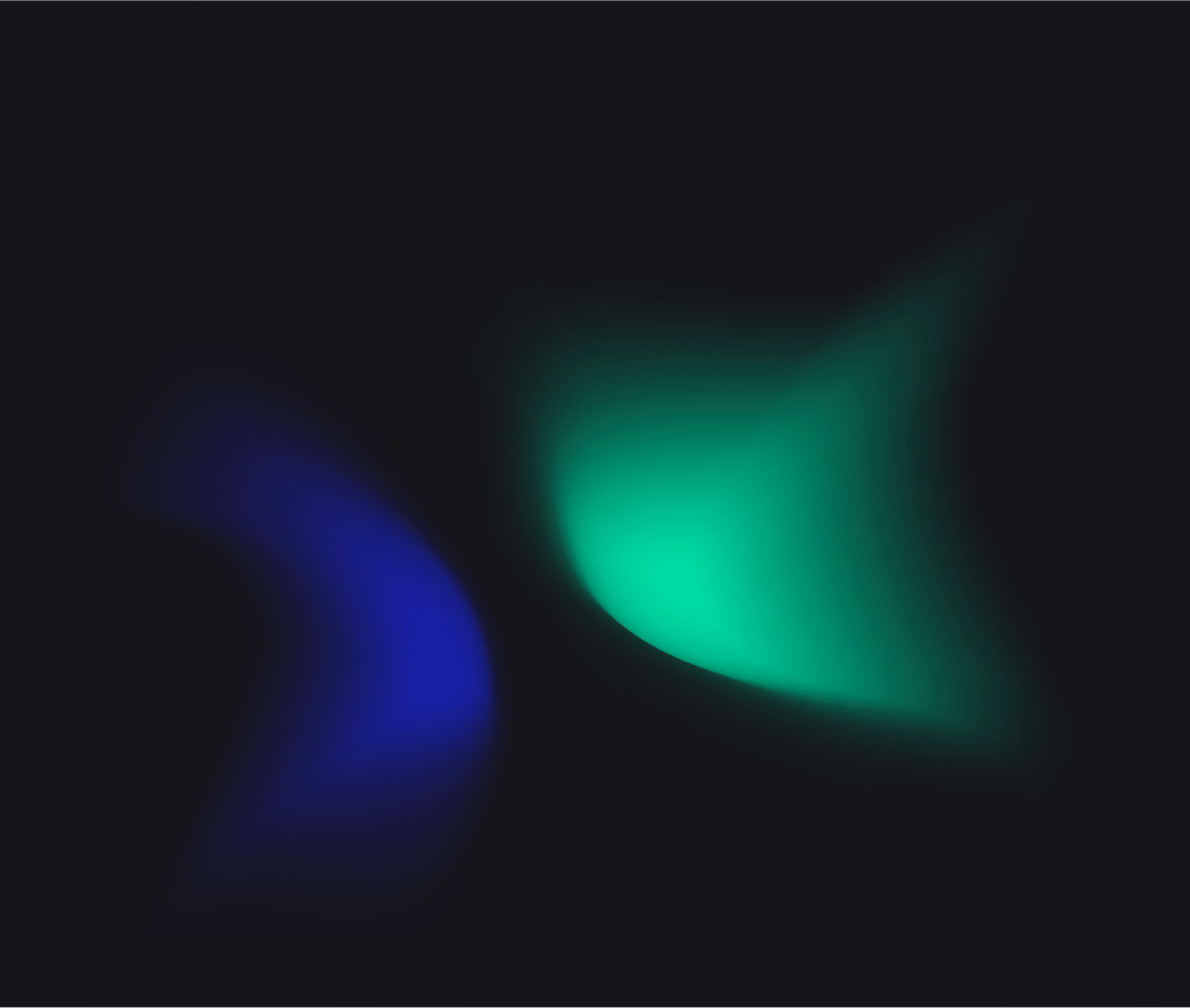 Abstract blurred shapes glowing blue and green on a dark background.