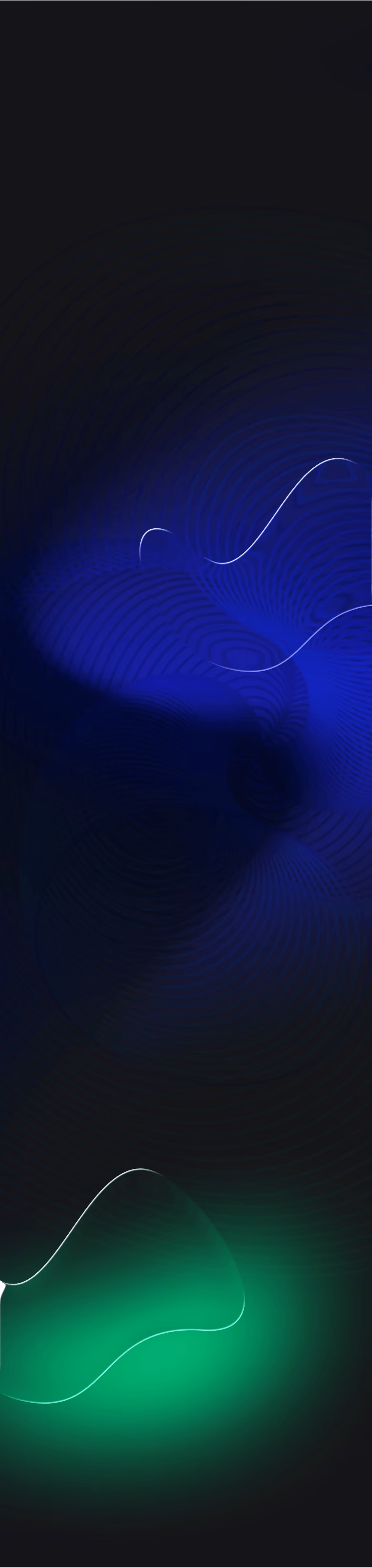 Dark background with swirling blue and glowing green abstract light shapes.