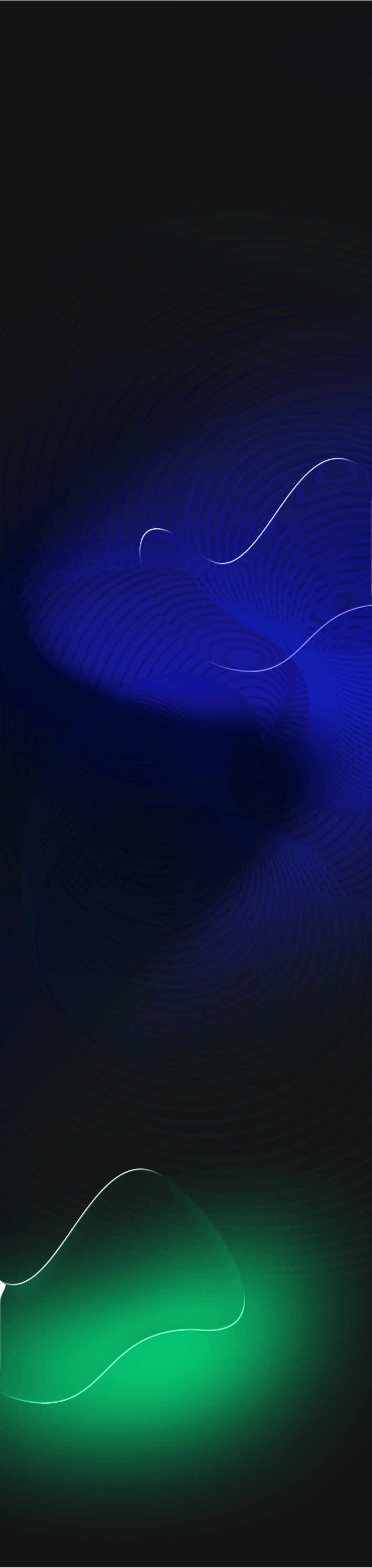 Dark background with swirling blue and glowing green abstract light shapes.