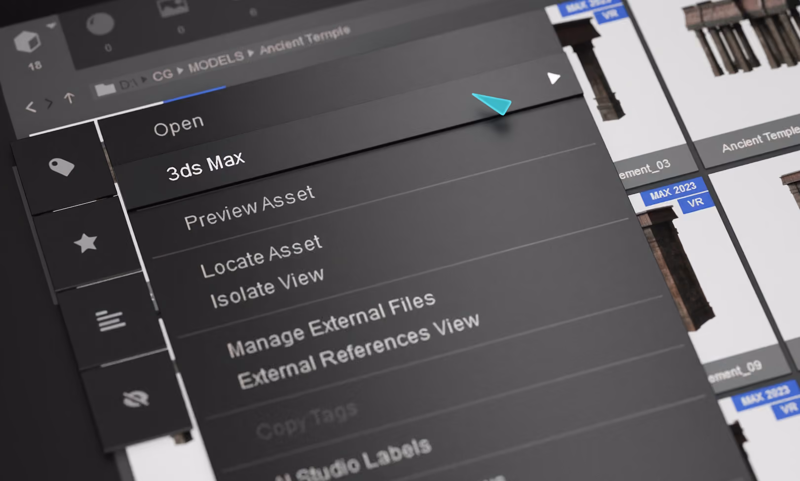 Connecter's 3ds Max fly-out menu for sending assets