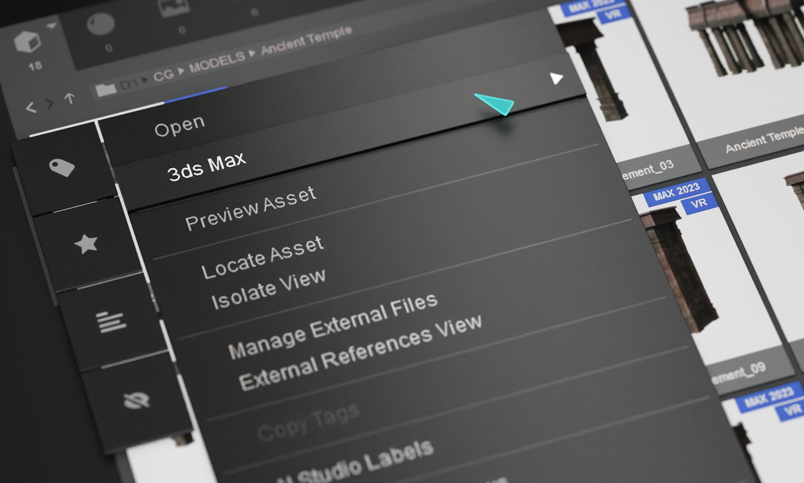 Connecter's 3ds Max fly-out menu for sending assets