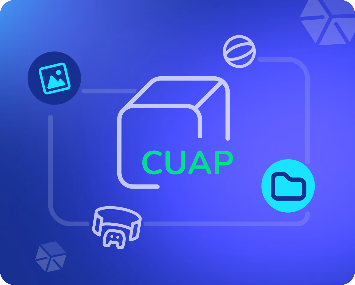 Blue digital cube with text CUAP surrounded by icons of image, folder, VR headset, and sphere.