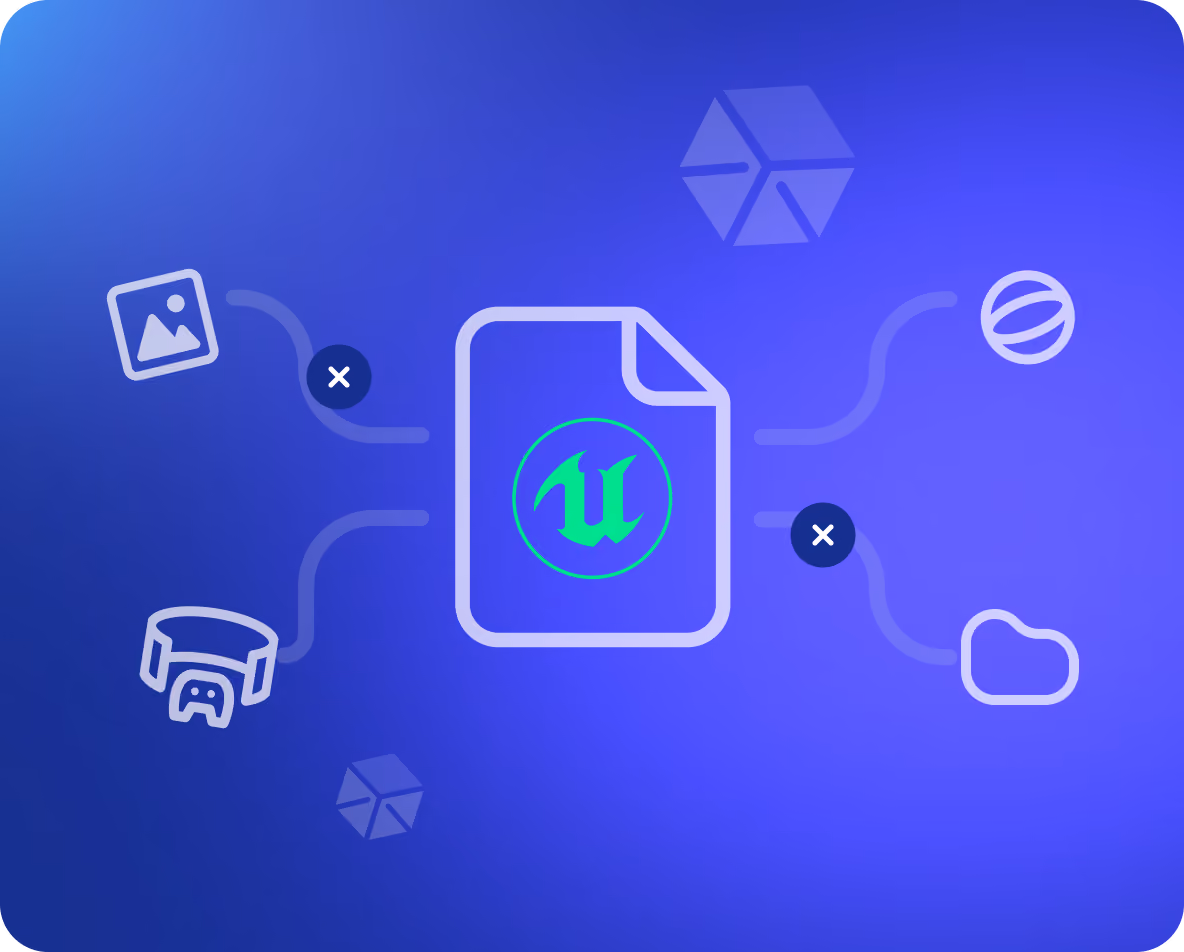 Central file icon with Unreal Engine logo linked to image, virtual reality headset, and cloud icons on blue background.