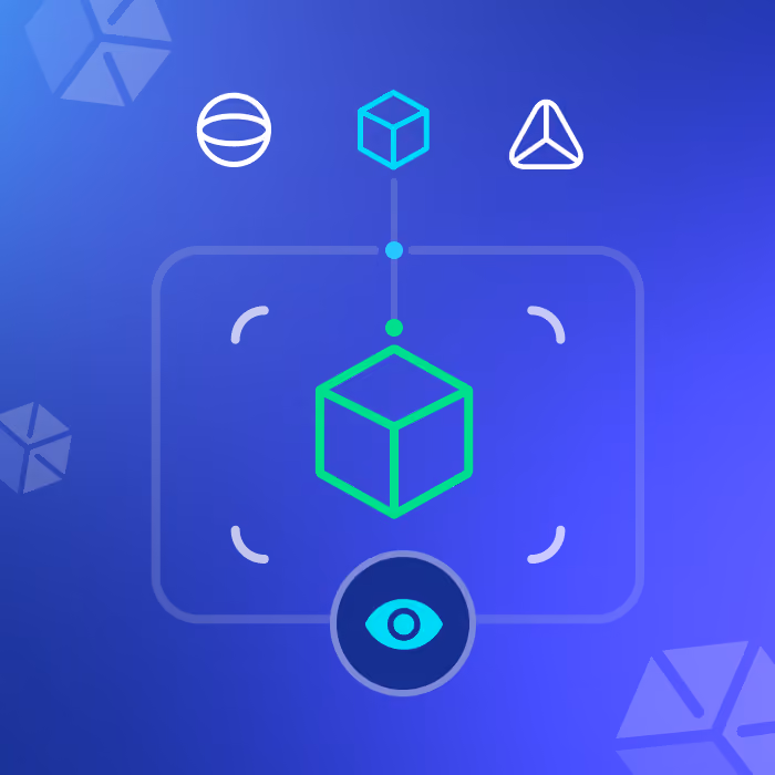 Graphic showing a green cube connected to three shapes above and an eye icon below on a blue background.