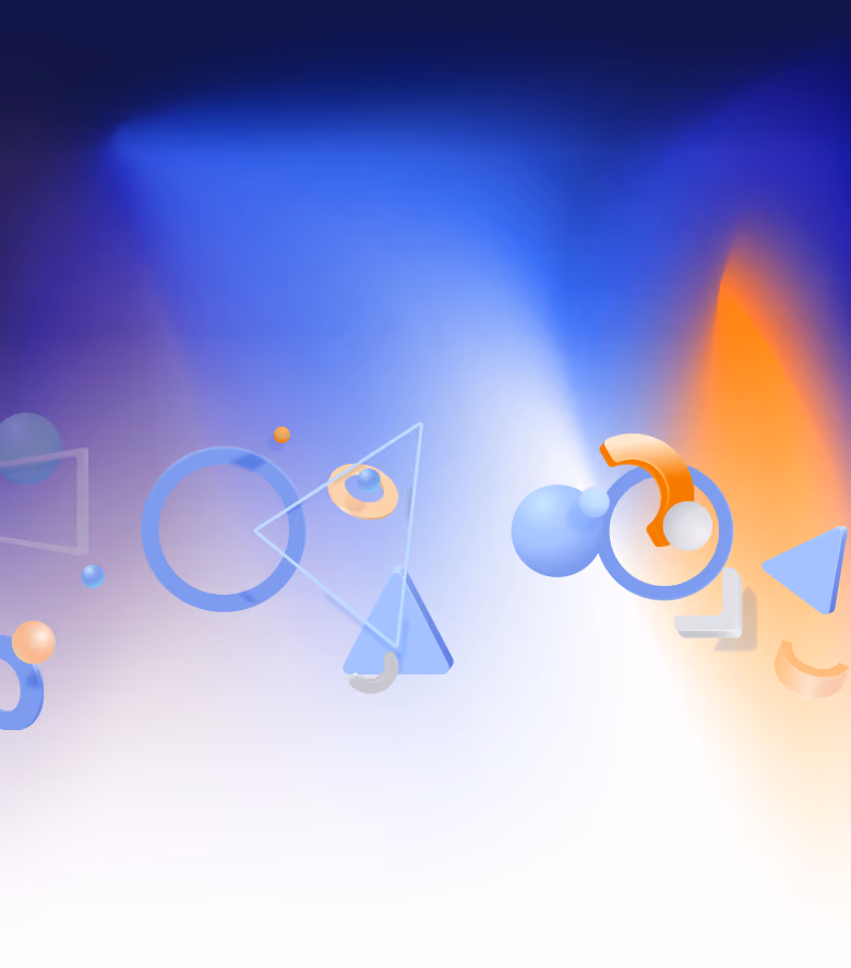 Abstract blue and orange geometric shapes on a gradient blue and white background.