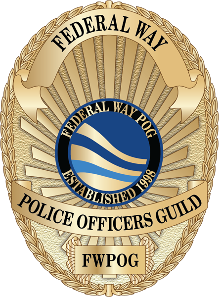 Badge for Federal Way Police Officers Guild featuring a gold and blue shield with laurel leaves and the text established 1998.