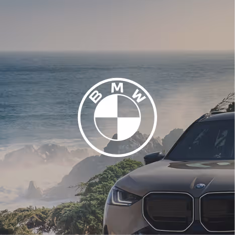 Front side of a BMW car parked near coastal cliffs with ocean waves in the background and BMW logo overlay.