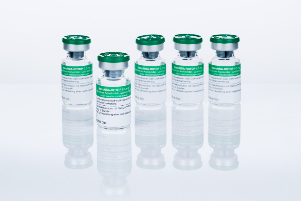 Lyophilisiertes Markierungsbesteck mit nanokolloidalem Albumin zur Tc-99m-Radiomarkierung für Lymphszintigraphie und Sentinel-Lymphknoten-Detektion.
