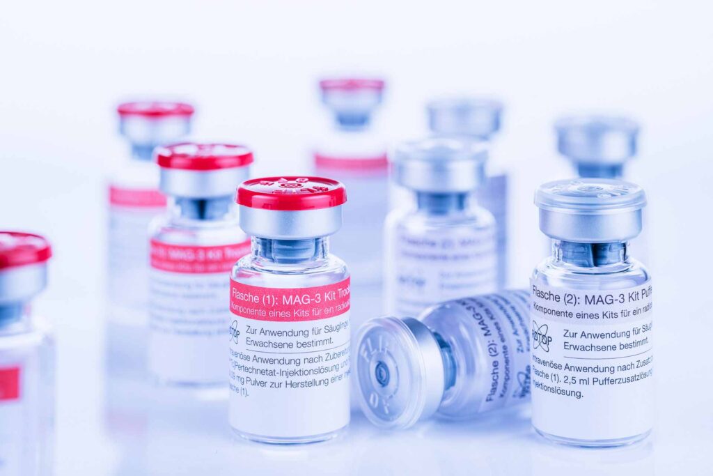 Lyophilisiertes Markierungsbesteck zur Herstellung von Tc-99m-Mertiatid für die Nierenfunktionsszintigraphie zur Beurteilung von Perfusion, Funktion und Harnabfluss.