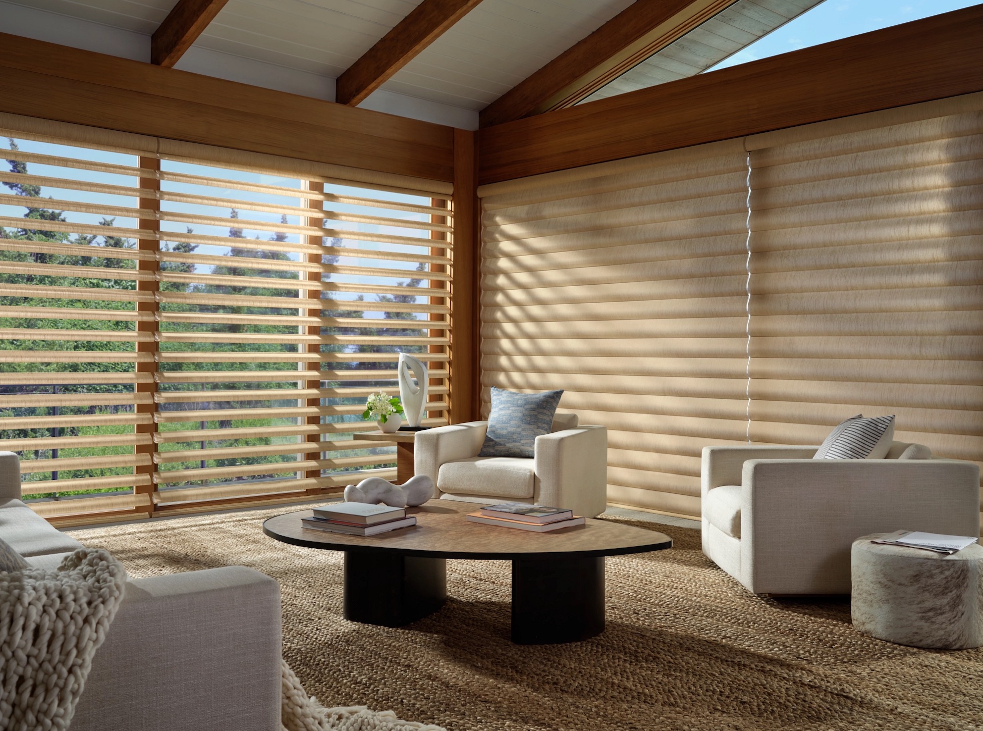 Sheer shades in a wood-beamed living room, vanes open on one wall and closed on another