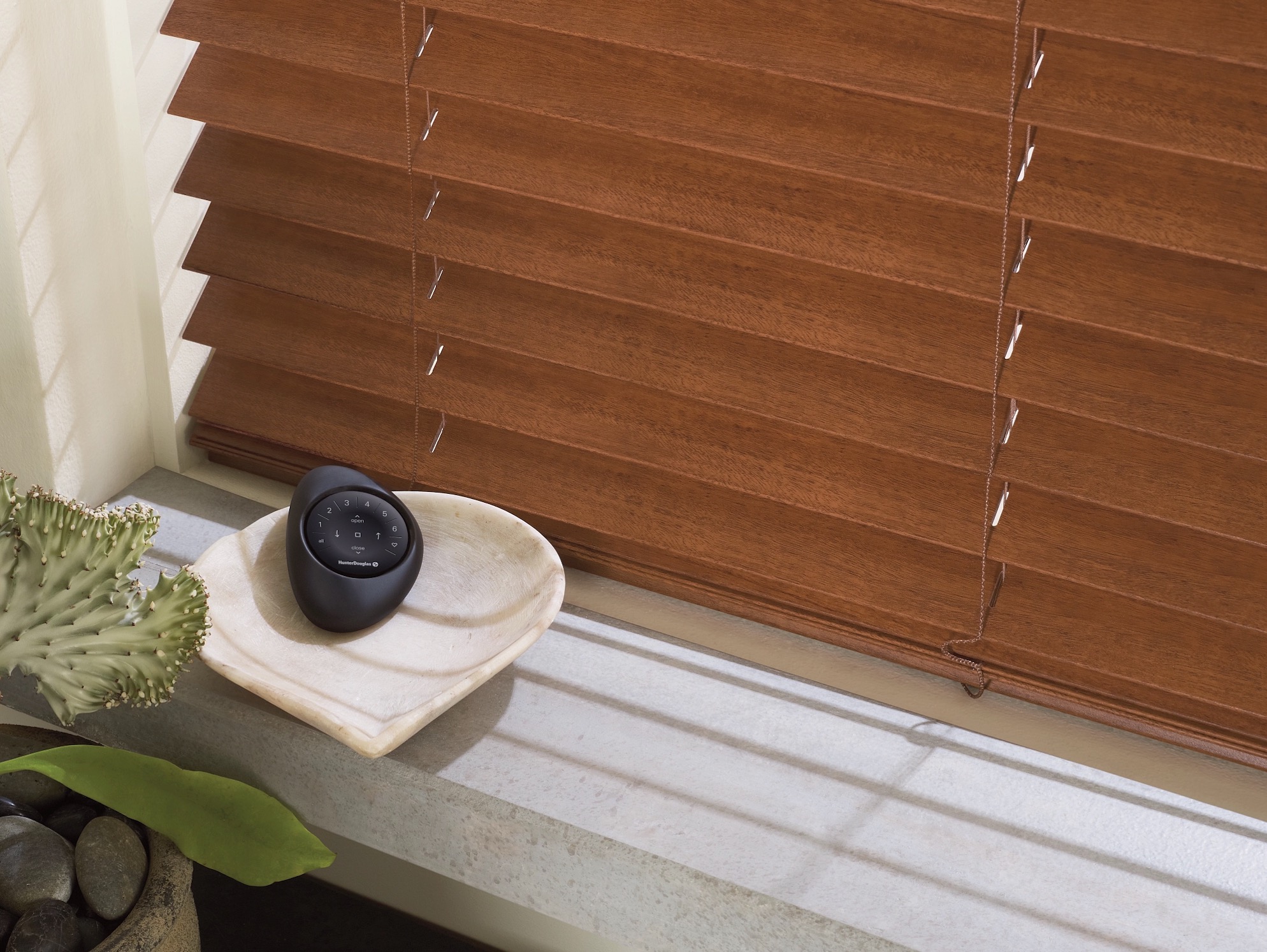 Medium-brown blinds with a Hunter Douglas remote resting in a dish on the windowsill