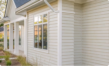 Close-up of a beige house exterior featuring horizontal siding, two windows, and a white downspout under the roof.