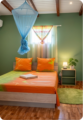 Chambre avec lit double aux draps orange, moustiquaire bleue suspendue, table de nuit avec lampe et plante, murs verts et tapis rond vert.