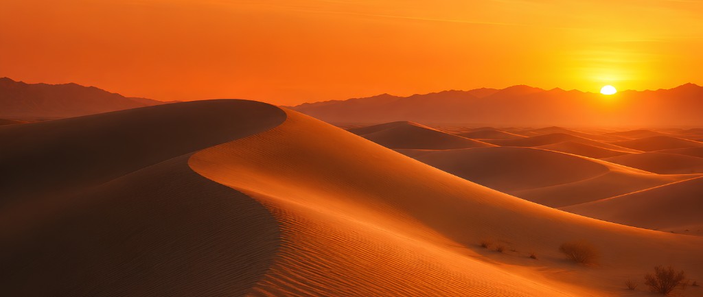 Golden sand dunes at sunset with wind-rippled textures and distant mountain silhouettes under an orange sky.