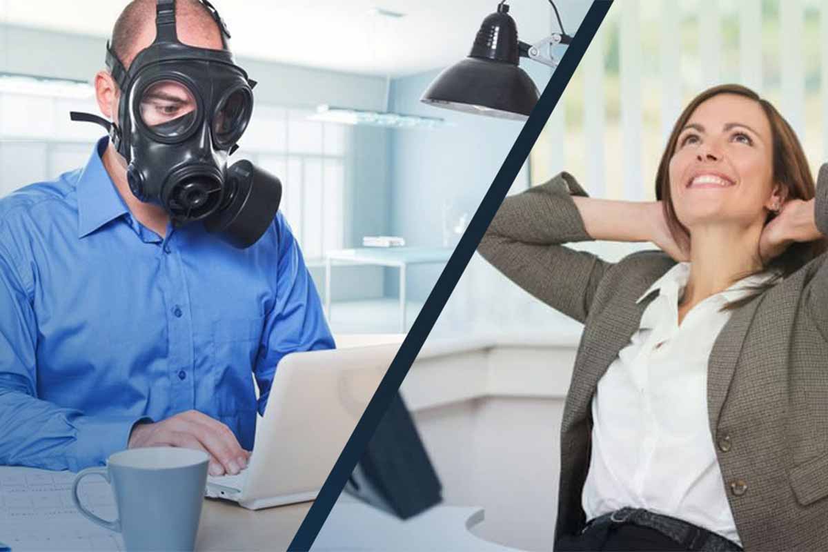 Person wearing a mask and a person breathing easy