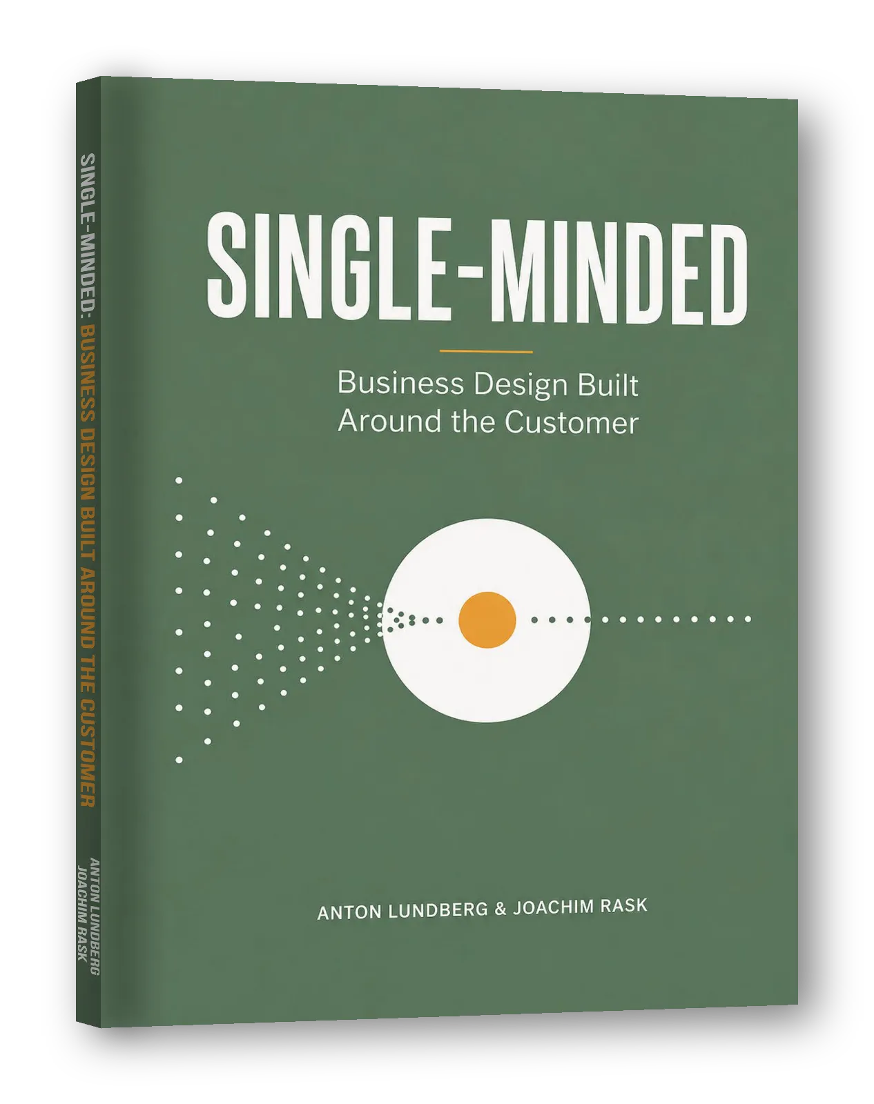 Cover of the book 'Single-Minded: Business design built around the customer' by Anton Lundberg and Joachim Rask with an orange spine and a white front.
