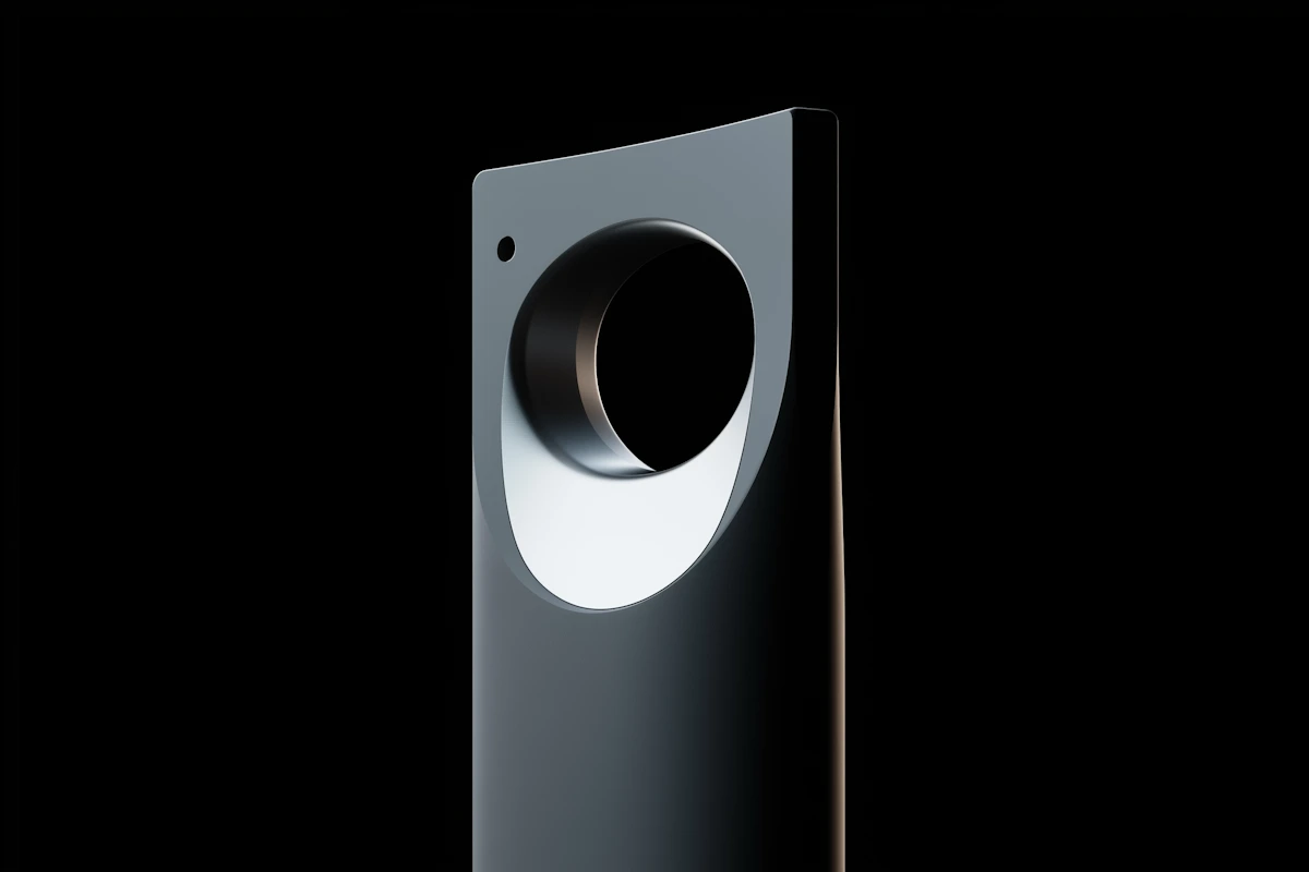 Sleek futuristic metallic object with a large circular hole and small round detail on a black background.