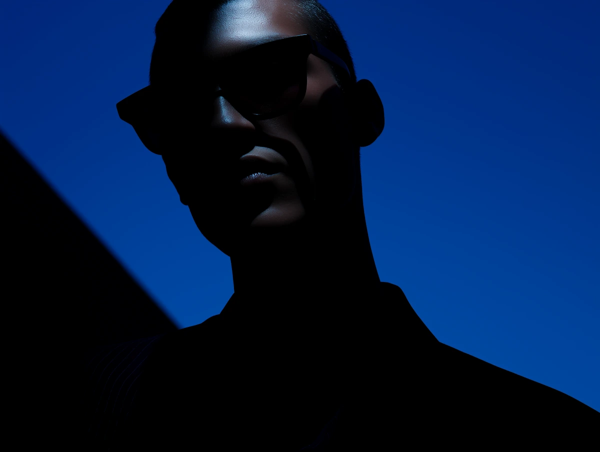 Silhouetted person wearing sunglasses against a deep blue background.