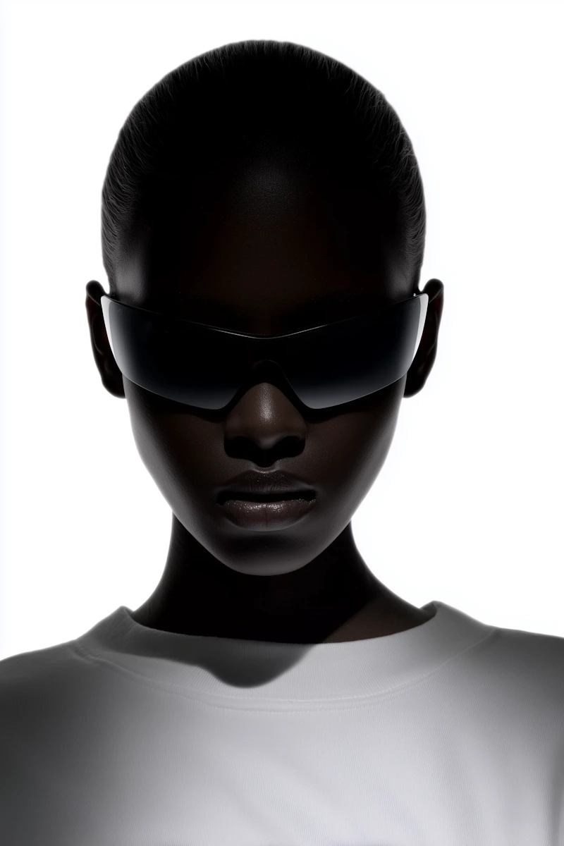 Portrait of a person with dark skin wearing large black sunglasses and a white shirt against white background.