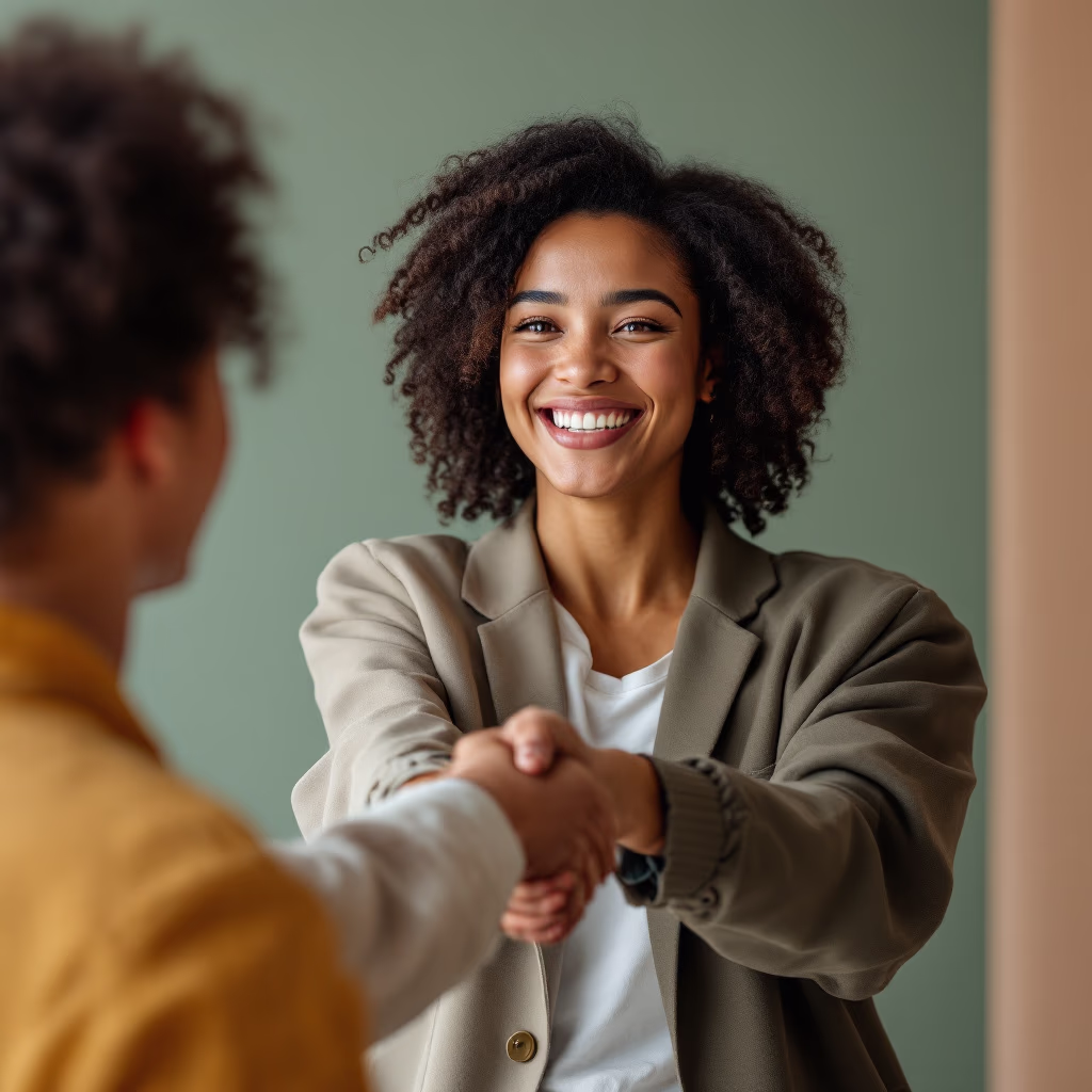 [headshot] image of satisfied customer shaking hands with company representative (for a fintech company)
