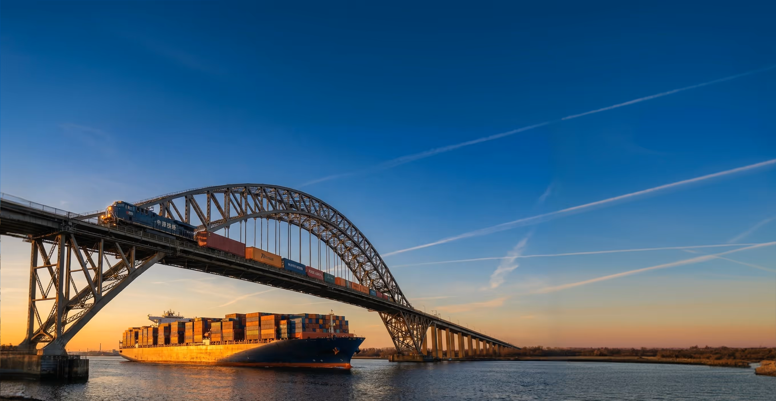 Cargo ship loaded with containers passing under a steel arch bridge with a freight train crossing above at sunset.