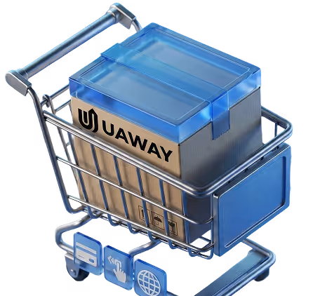 A metal shopping cart holding a cardboard box labeled UAWAY with a transparent blue plastic lid on top.
