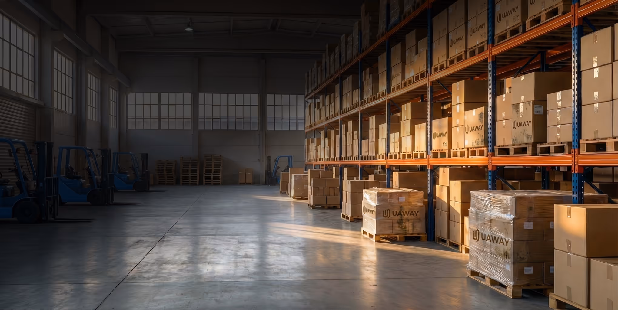 Warehouse interior with tall shelves stacked with cardboard boxes and pallets, and several forklifts parked on the left side.