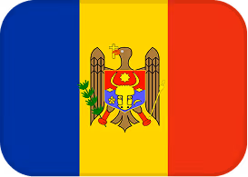 Flag of Moldova with vertical blue, yellow, and red stripes and the national coat of arms featuring an eagle holding a cross and shield.