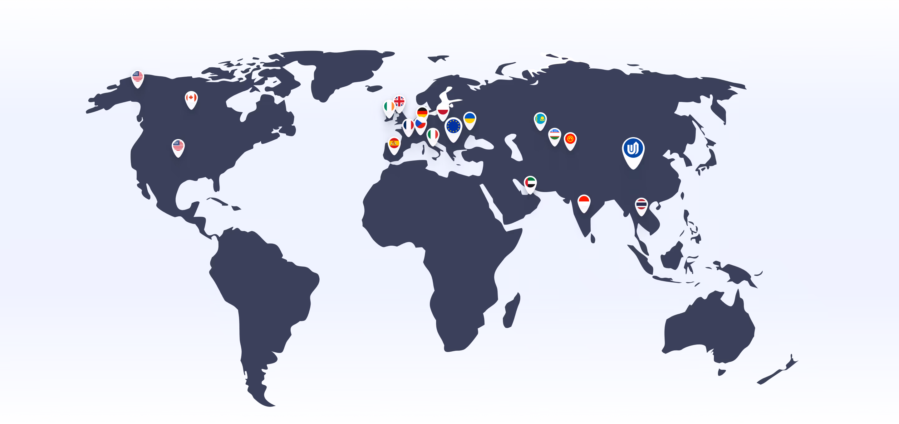 World map with pins marking various countries including the USA, Canada, UK, Germany, Italy, Spain, France, Poland, Ukraine, Kazakhstan, Iran, Kyrgyzstan, United Arab Emirates, India, Indonesia, Thailand, and China.