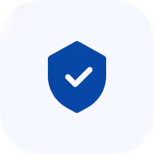 Blue shield icon with a white checkmark in the center on a light gray rounded square background.