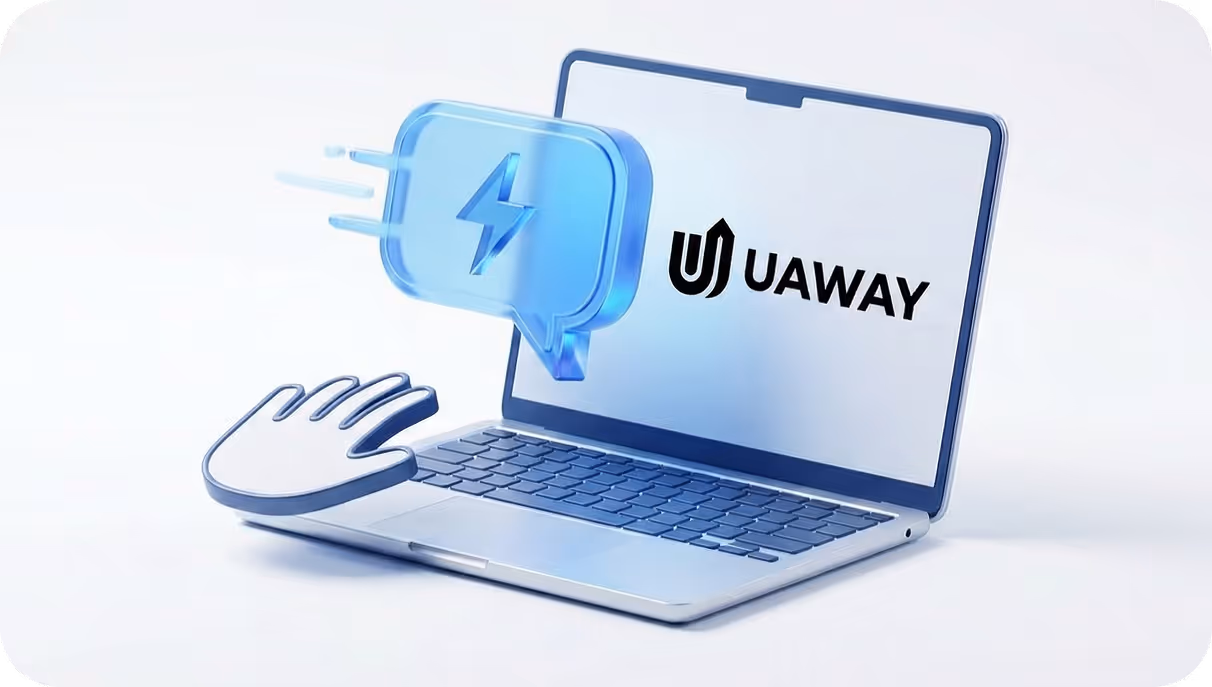3D illustration of a laptop with a blue speech bubble featuring a lightning bolt and a large hand cursor pointing towards it, and the text UAWAY on the screen.