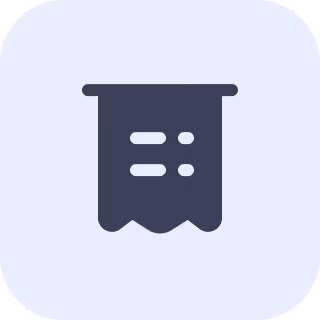Icon of a receipt with itemized lines and a rolled bottom edge on a rounded square background.