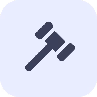 Icon of a gavel symbolizing law or judgment on a rounded square background.