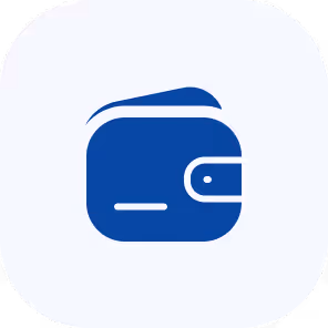 Blue wallet icon on a light gray rounded square background.