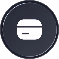 White icon of a closed wireless earbud charging case on a dark circular background.