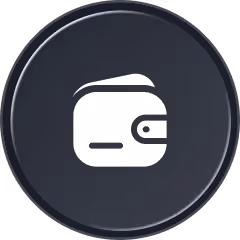 White wallet icon on a dark circular background.