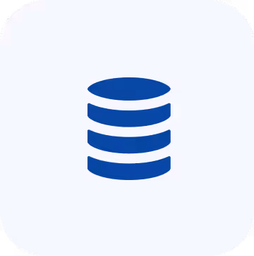 Blue database icon with three stacked cylinder shapes on a light rounded square background.