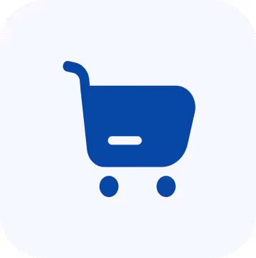 Blue shopping cart icon with two wheels on a rounded square light background.